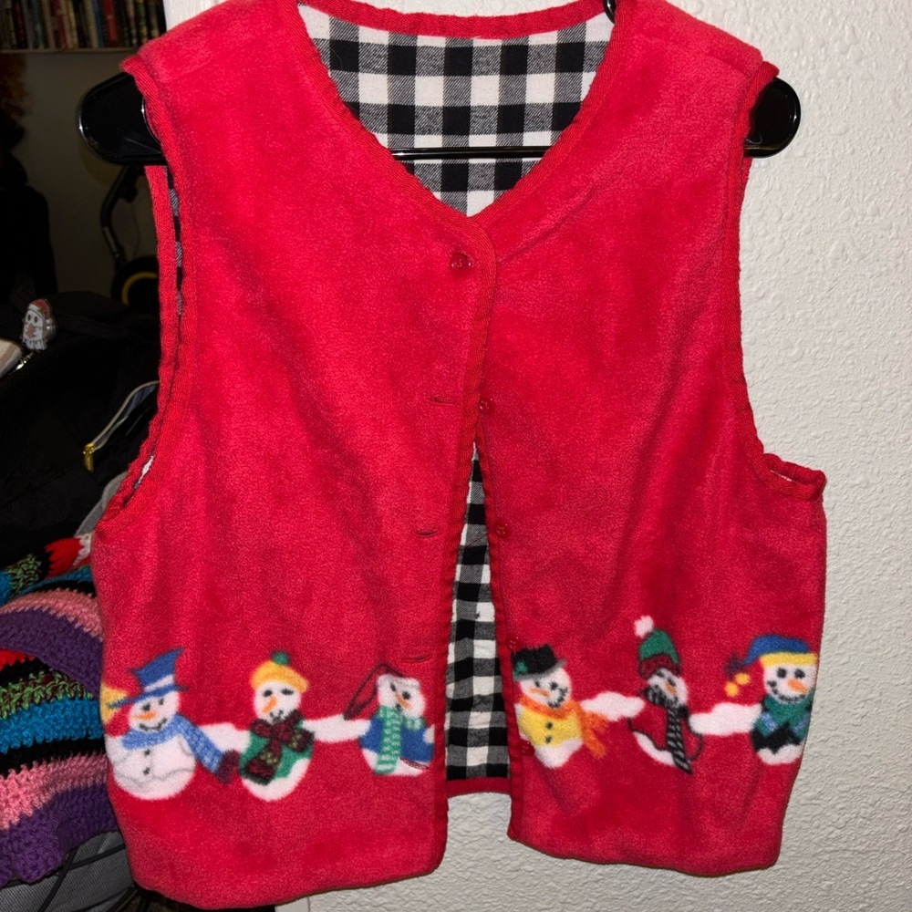 Reversible Festive Red Snowman and Checkered Vest Size Medium